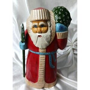 VINTAGE HAND CARVED 10'' WOODEN RUSSIAN SANTA FIGURE 1996 SIGNED